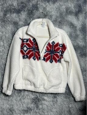 White Fleece Half-Zip Pullover with Red and Blue Pattern